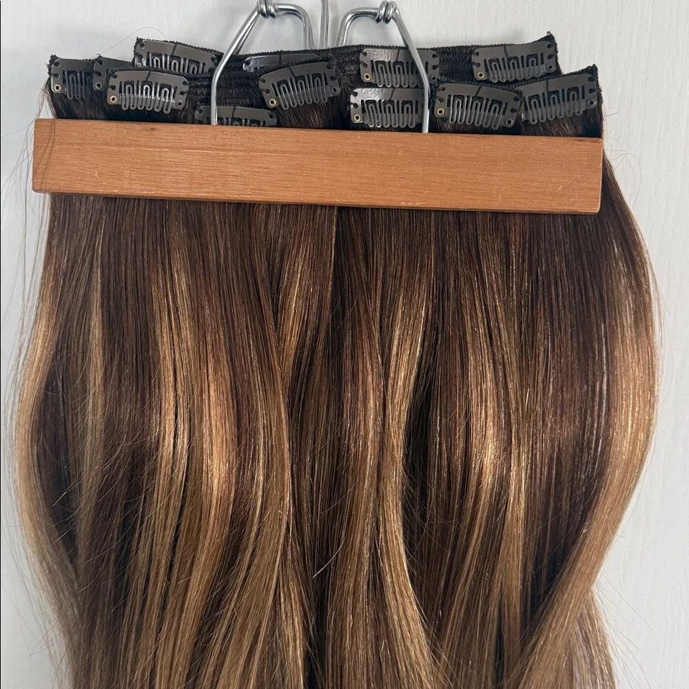 16” Brown Blonde Highlight Clip-In Hair Extensions - 100% human Hair 7 pcs - Picture 3 of 7